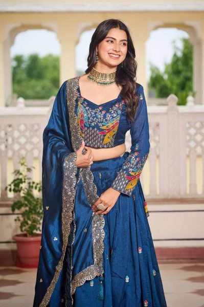 Navy Blue Vichitra Silk Lehenga Choli Set Sequin Embroidered Wedding Style Designer Lehenga Choli
