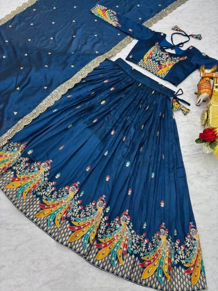 Navy Blue Vichitra Silk Lehenga Choli Set Sequin Embroidered Wedding Style Designer Lehenga Choli