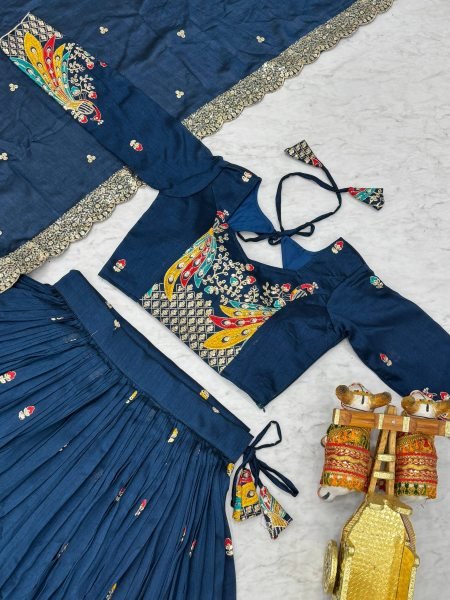 Navy Blue Vichitra Silk Lehenga Choli Set Sequin Embroidered Wedding Style Designer Lehenga Choli
