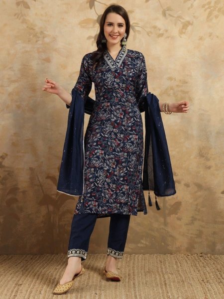 Navy Blue Viscose Chanderi Kurti Pant Set 3 Piece Kurti Set