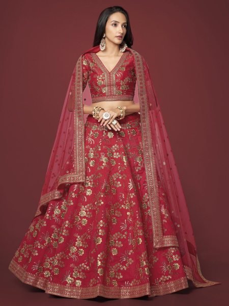 Neon Slub Silk Bridal Lehenga Choli with Zari   Dori Sequins Embroidery Elegant Wedding Collection