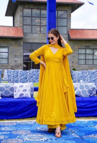 New Anarkali Faux Georgette Gown And Pant Dupatta And Fully Flair  3 Piece Kurti Set
