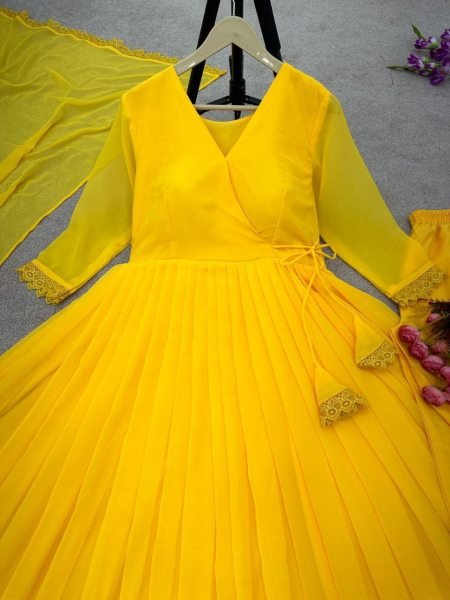 New Anarkali Faux Georgette Gown And Pant Dupatta And Fully Flair  3 Piece Kurti Set