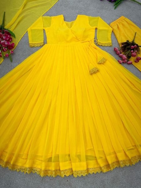New Anarkali Faux Georgette Gown And Pant Dupatta And Fully Flair  3 Piece Kurti Set