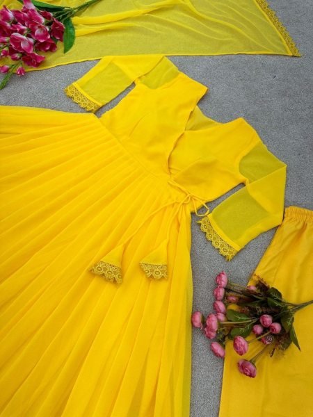 New Anarkali Faux Georgette Gown And Pant Dupatta And Fully Flair  3 Piece Kurti Set