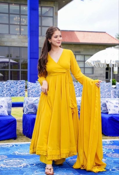 New Anarkali Faux Georgette Gown And Pant Dupatta And Fully Flair  3 Piece Kurti Set
