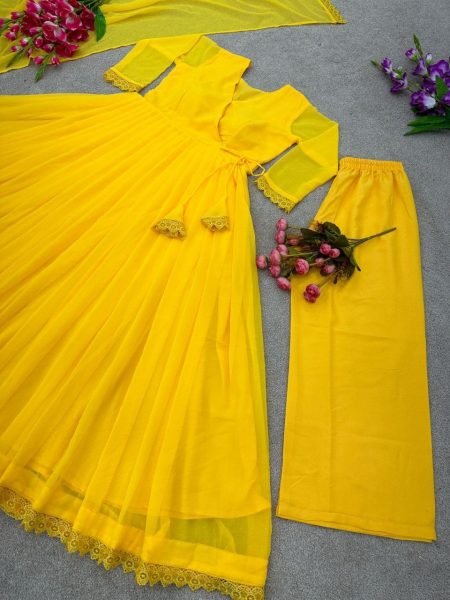 New Anarkali Faux Georgette Gown And Pant Dupatta And Fully Flair  3 Piece Kurti Set