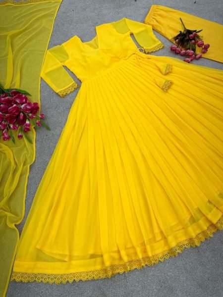 New Anarkali Faux Georgette Gown And Pant Dupatta And Fully Flair  3 Piece Kurti Set