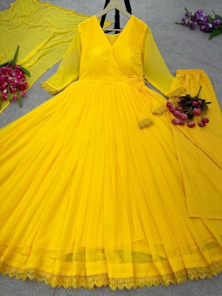 New Anarkali Faux Georgette Gown And Pant Dupatta And Fully Flair  3 Piece Kurti Set