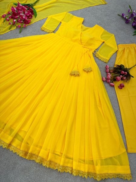 New Anarkali Faux Georgette Gown And Pant Dupatta And Fully Flair  3 Piece Kurti Set