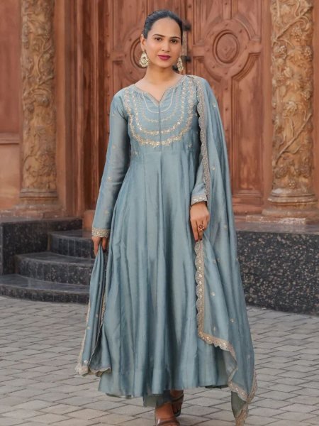 Muted Blue Color Women Embroidered Anarkali Kurta Set 