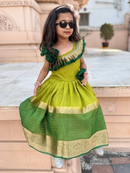 New Arrival  Barbie Inspired Kids Khadi Silk Gown with Traditional Weaving Wholesale Price   High Quality Fabric 