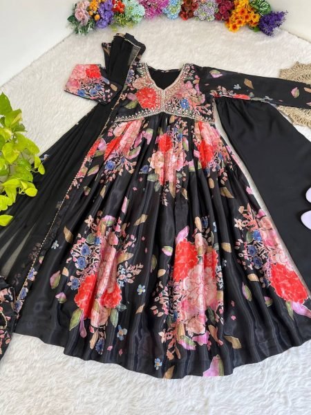 New Arrival Chinon Soft with Digital Printed Black color Three Set Kurti Suit  3 Piece Kurti Set