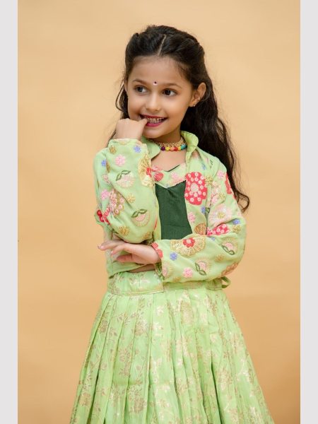 New Arrival Georgette Sequence Embroidery Work Kids Lehenga Choli With Jacket  Girls Wear