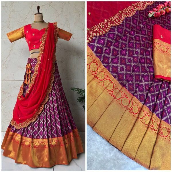 New Arrival: Gold Zari Kanjivaram Silk Half Lehenga Saree with Lace Dupatta Half Saree Lehenga