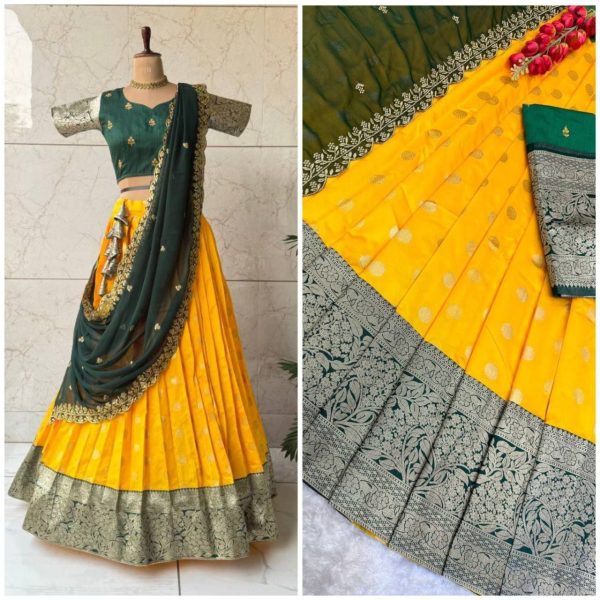 New Arrival: Gold Zari Kanjivaram Silk Half Lehenga Saree with Lace Dupatta Half Saree Lehenga