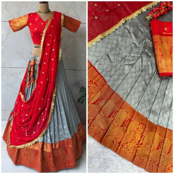 New Arrival: Gold Zari Kanjivaram Silk Half Lehenga Saree with Lace Dupatta Half Saree Lehenga