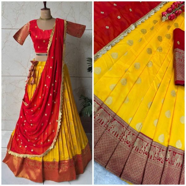 New Arrival: Gold Zari Kanjivaram Silk Half Lehenga Saree with Lace Dupatta Half Saree Lehenga