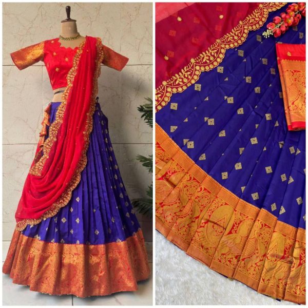 New Arrival: Gold Zari Kanjivaram Silk Half Lehenga Saree with Lace Dupatta Half Saree Lehenga