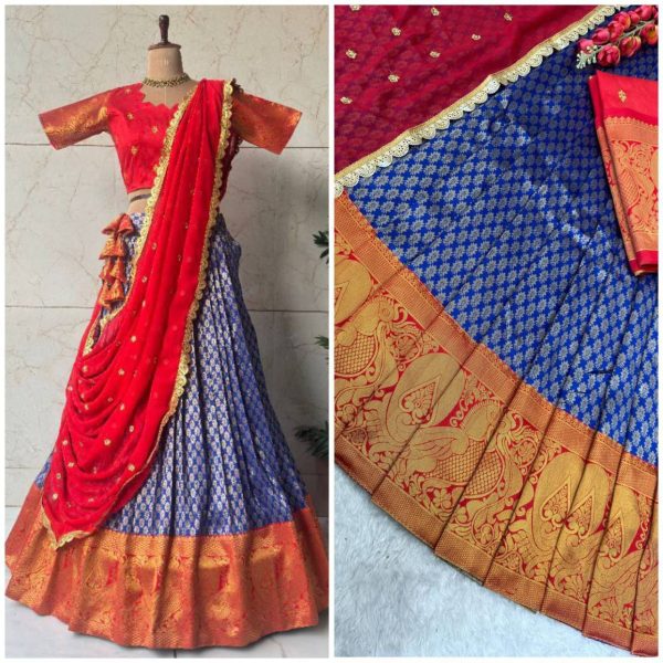 New Arrival: Gold Zari Kanjivaram Silk Half Lehenga Saree with Lace Dupatta Half Saree Lehenga