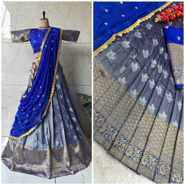 New Arrival: Gold Zari Kanjivaram Silk Half Lehenga Saree with Lace Dupatta Half Saree Lehenga