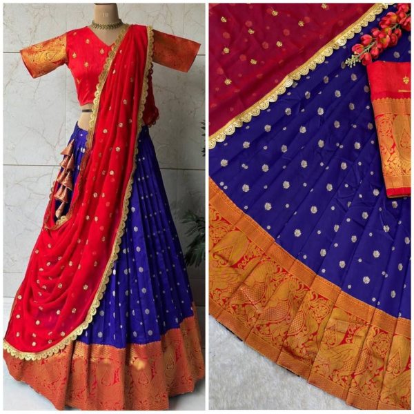 New Arrival: Gold Zari Kanjivaram Silk Half Lehenga Saree with Lace Dupatta Half Saree Lehenga