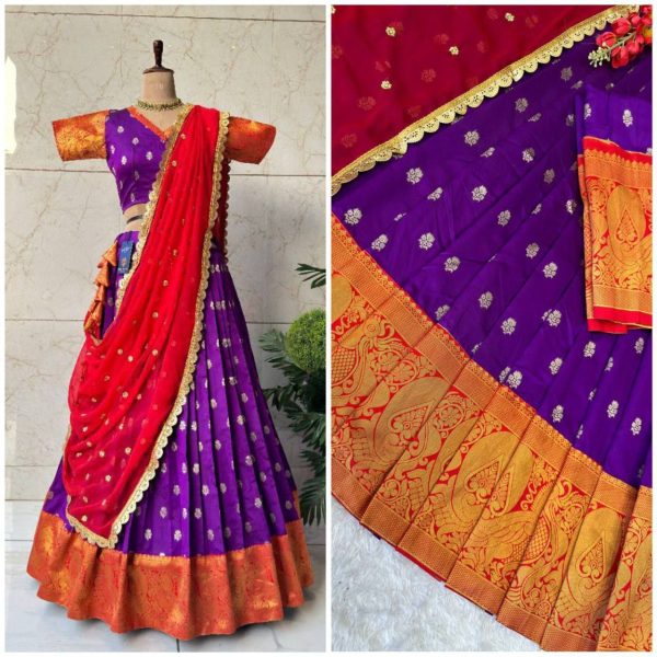 New Arrival: Gold Zari Kanjivaram Silk Half Lehenga Saree with Lace Dupatta Half Saree Lehenga