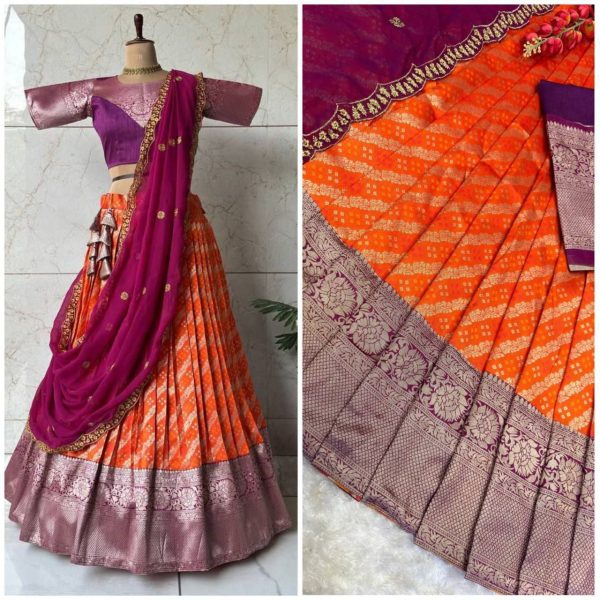 New Arrival: Gold Zari Kanjivaram Silk Half Lehenga Saree with Lace Dupatta Half Saree Lehenga