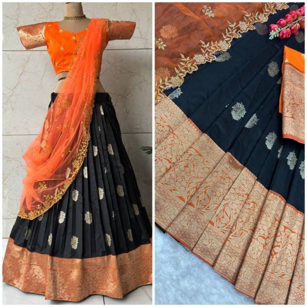 New Arrival: Gold Zari Kanjivaram Silk Half Lehenga Saree with Lace Dupatta Half Saree Lehenga