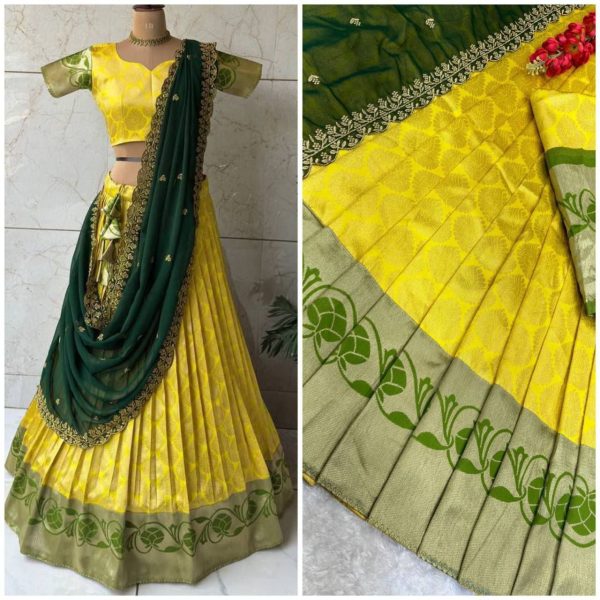 New Arrival: Gold Zari Kanjivaram Silk Half Lehenga Saree with Lace Dupatta Half Saree Lehenga