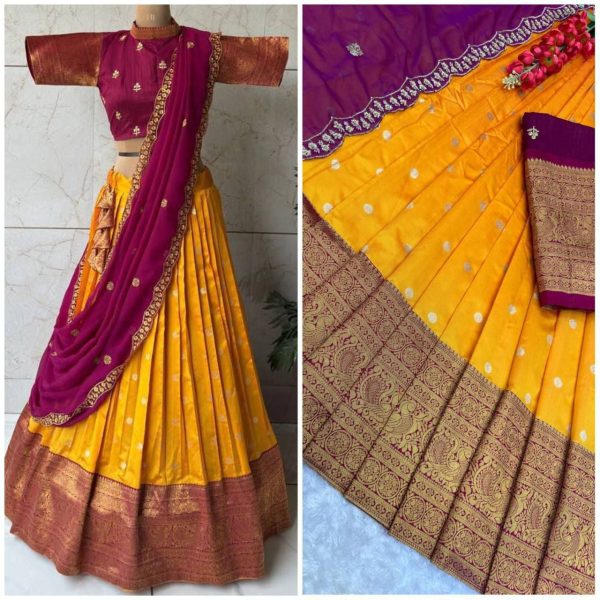 New Arrival: Gold Zari Kanjivaram Silk Half Lehenga Saree with Lace Dupatta Half Saree Lehenga