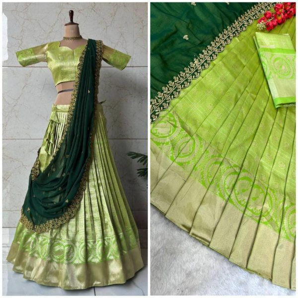 New Arrival: Gold Zari Kanjivaram Silk Half Lehenga Saree with Lace Dupatta Half Saree Lehenga