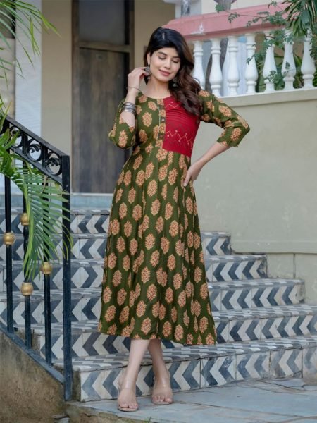 New Arrival   Mahendi Green With Red And Yellow Flower Printed Anarkali Gown  Printed Kurtis