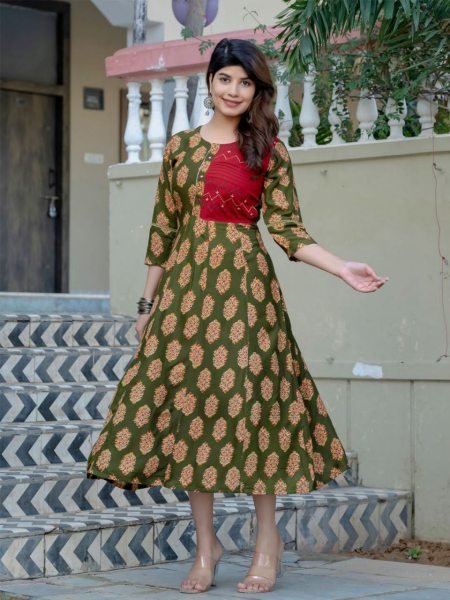 New Arrival   Mahendi Green With Red And Yellow Flower Printed Anarkali Gown  Printed Kurtis