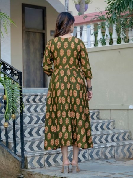 New Arrival   Mahendi Green With Red And Yellow Flower Printed Anarkali Gown  Printed Kurtis