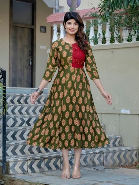 New Arrival   Mahendi Green With Red And Yellow Flower Printed Anarkali Gown  Printed Kurtis