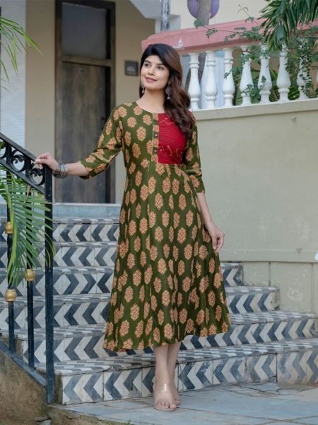 New Arrival   Mahendi Green With Red And Yellow Flower Printed Anarkali Gown  Printed Kurtis