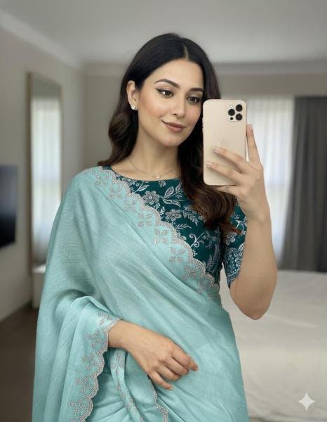New Arrival Moss Chiffon Saree with Siroski Sequence Border and Embroidery Blouse Pure Chiffon Sarees Wholesale