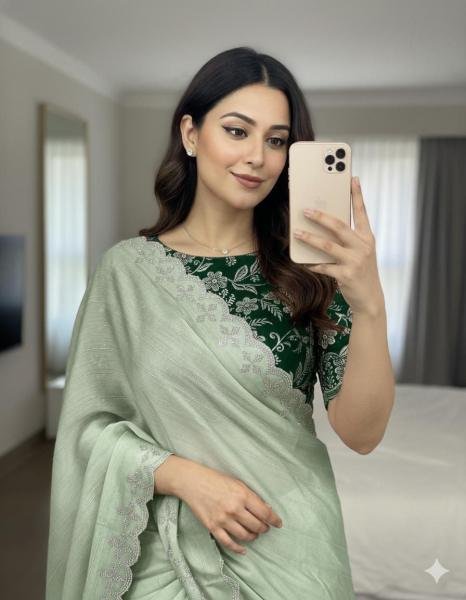 New Arrival Moss Chiffon Saree with Siroski Sequence Border and Embroidery Blouse Pure Chiffon Sarees Wholesale