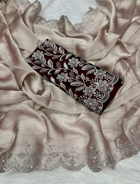 New Arrival Moss Chiffon Saree with Siroski Sequence Border and Embroidery Blouse Pure Chiffon Sarees Wholesale