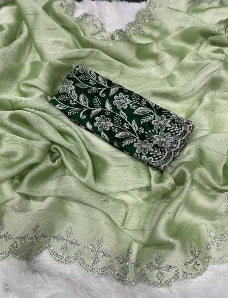 New Arrival Moss Chiffon Saree with Siroski Sequence Border and Embroidery Blouse Pure Chiffon Sarees Wholesale