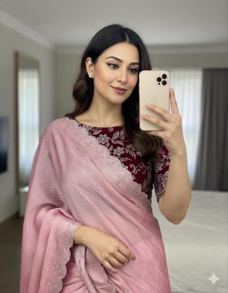 New Arrival Moss Chiffon Saree with Siroski Sequence Border and Embroidery Blouse Pure Chiffon Sarees Wholesale