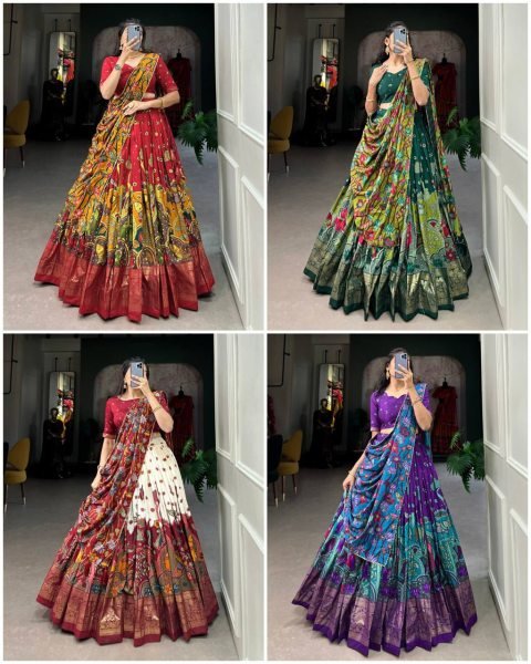 New Arrival Tussar Silk Lehenga Choli Set Kalamkari Print Foil Work Unstitched Blouse Elegant Navratri Collection Navratri Lehnega Choli