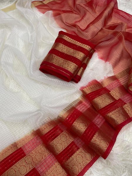 New Arrival  White Color Organza Kerala Checks Sarees at Wholesale Rates Organza Sarees Wholesale