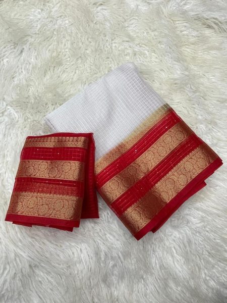 New Arrival  White Color Organza Kerala Checks Sarees at Wholesale Rates Organza Sarees Wholesale