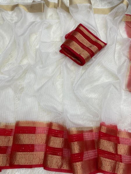 New Arrival  White Color Organza Kerala Checks Sarees at Wholesale Rates Organza Sarees Wholesale