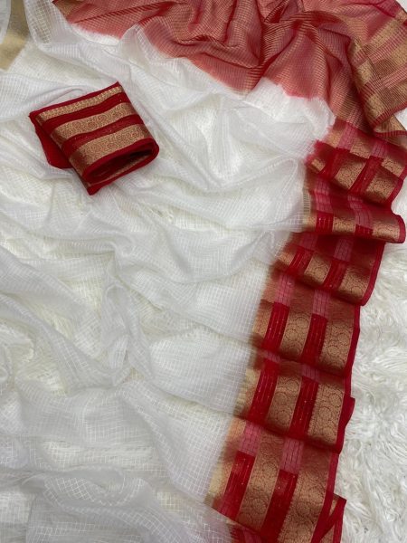 New Arrival  White Color Organza Kerala Checks Sarees at Wholesale Rates Organza Sarees Wholesale