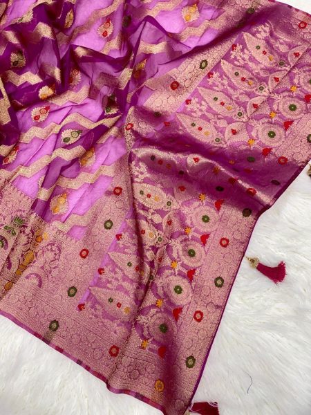 New Arrivals Banarasi Weaving Minakari Orgenza Saree Designer Wedding Sarees Wholesale