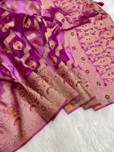 New Arrivals Banarasi Weaving Minakari Orgenza Saree Designer Wedding Sarees Wholesale