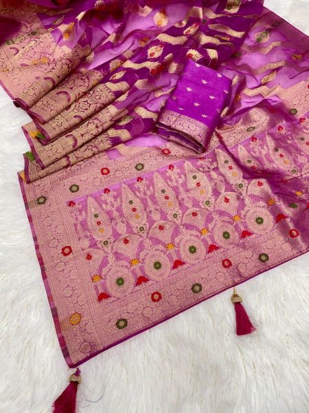 New Arrivals Banarasi Weaving Minakari Orgenza Saree Designer Wedding Sarees Wholesale